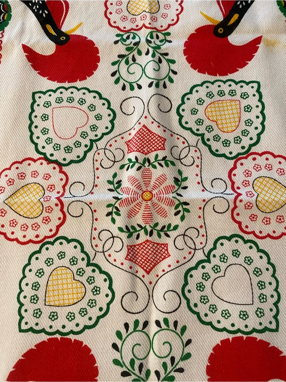 Vintage Cotton Tea Towel Folk Art Colorful Roosters Hearts Made In Portugal